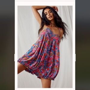 Free People Intimately Crush & Blush Blue & Pink Spaghetti Strap Romper